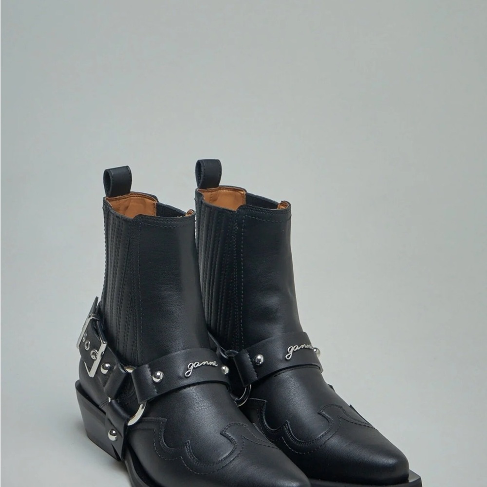 Ganni Black Leather Harness Ankle Boots